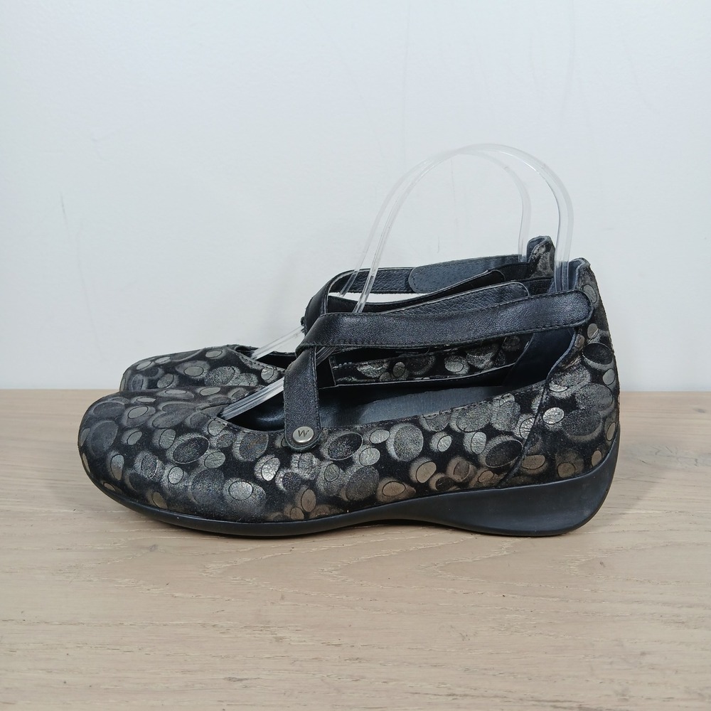 Wolky Flats Womens 8 Black Leather Metallic Circle Mary Jane Zipper Artsy Retro